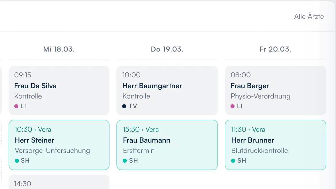 Wochenplan der Demo von Montag bis Freitag, drei von Vera gebuchte Termine sind hervorgehoben